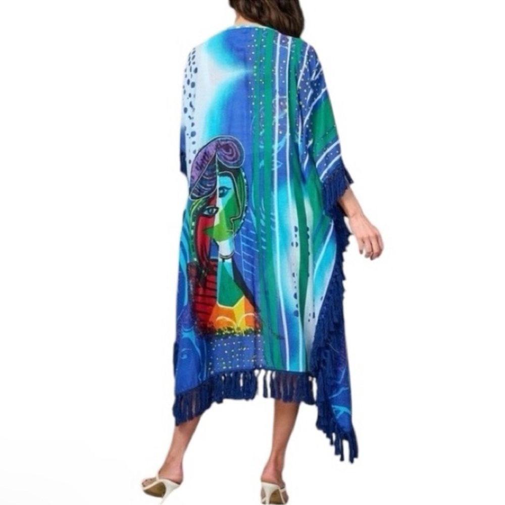 Vatchio 🆕 Cotton Wearable Art Rare Find Sequined Beaded Fringed Kimono Cover Up